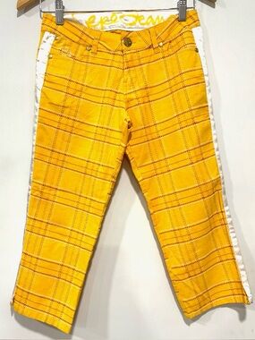 Pepe Jeans Vintage Yellow Plaid Cropped Pants with White Side Stripes Size 25